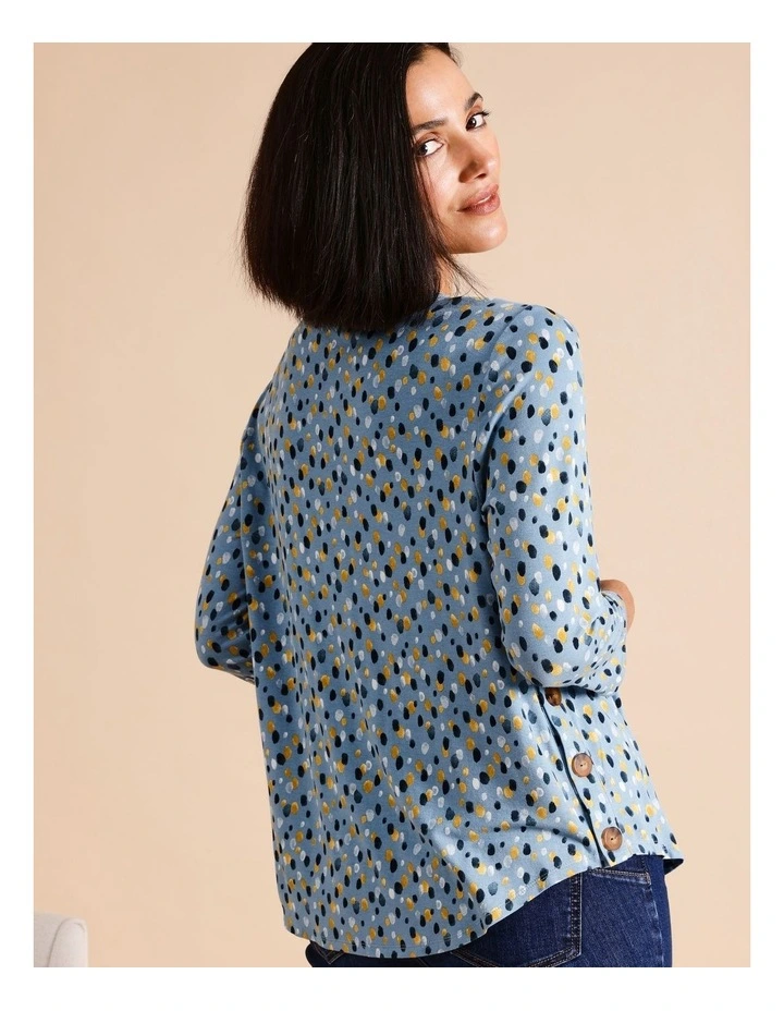 Sustainable Viscose Button Side 3/4 Sleeve Tee In Blue Rain Drop Spot image 3