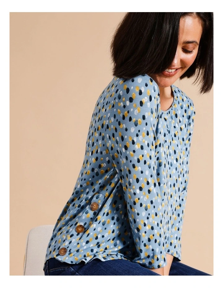 Sustainable Viscose Button Side 3/4 Sleeve Tee In Blue Rain Drop Spot image 4