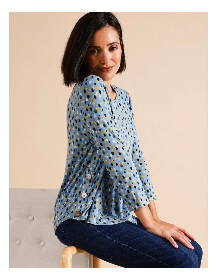 Sustainable Viscose Button Side 3/4 Sleeve Tee In Blue Rain Drop Spot image 5
