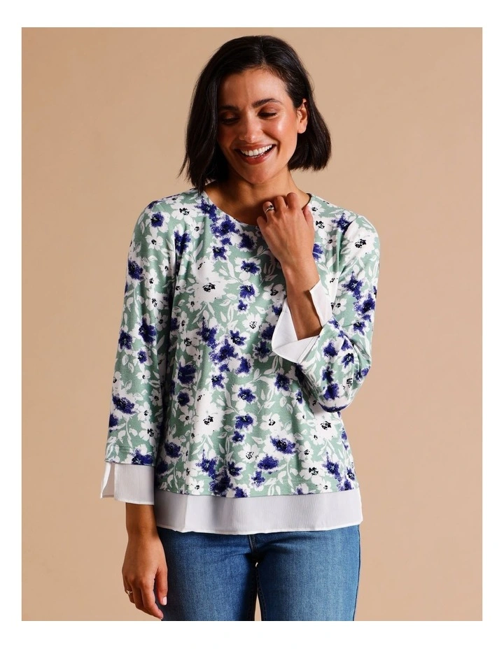 Viscose Blend Sheer Trim 3/4 Sleeve Tee - Duckegg Blue/Green Print image 1