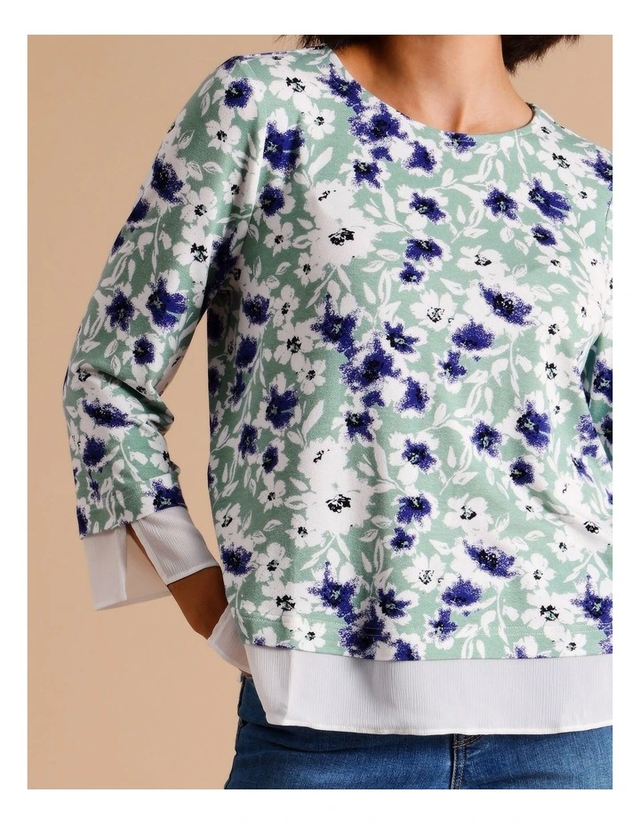 Viscose Blend Sheer Trim 3/4 Sleeve Tee - Duckegg Blue/Green Print image 2
