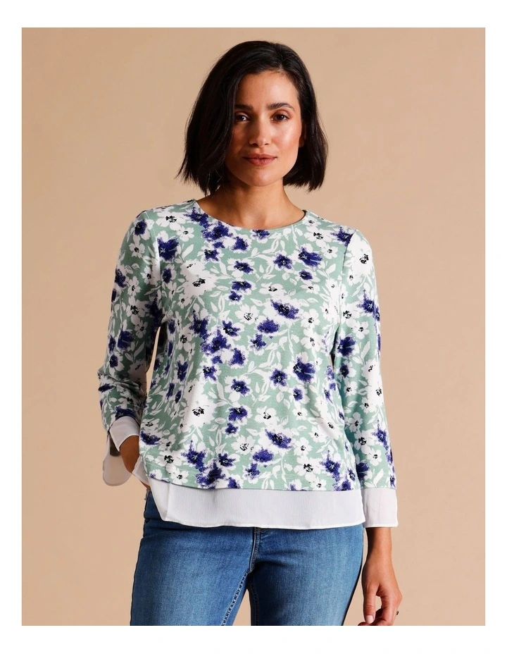 Viscose Blend Sheer Trim 3/4 Sleeve Tee - Duckegg Blue/Green Print image 3
