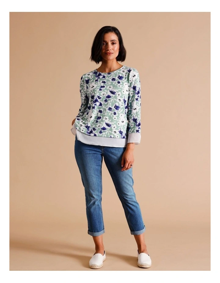 Viscose Blend Sheer Trim 3/4 Sleeve Tee - Duckegg Blue/Green Print image 4