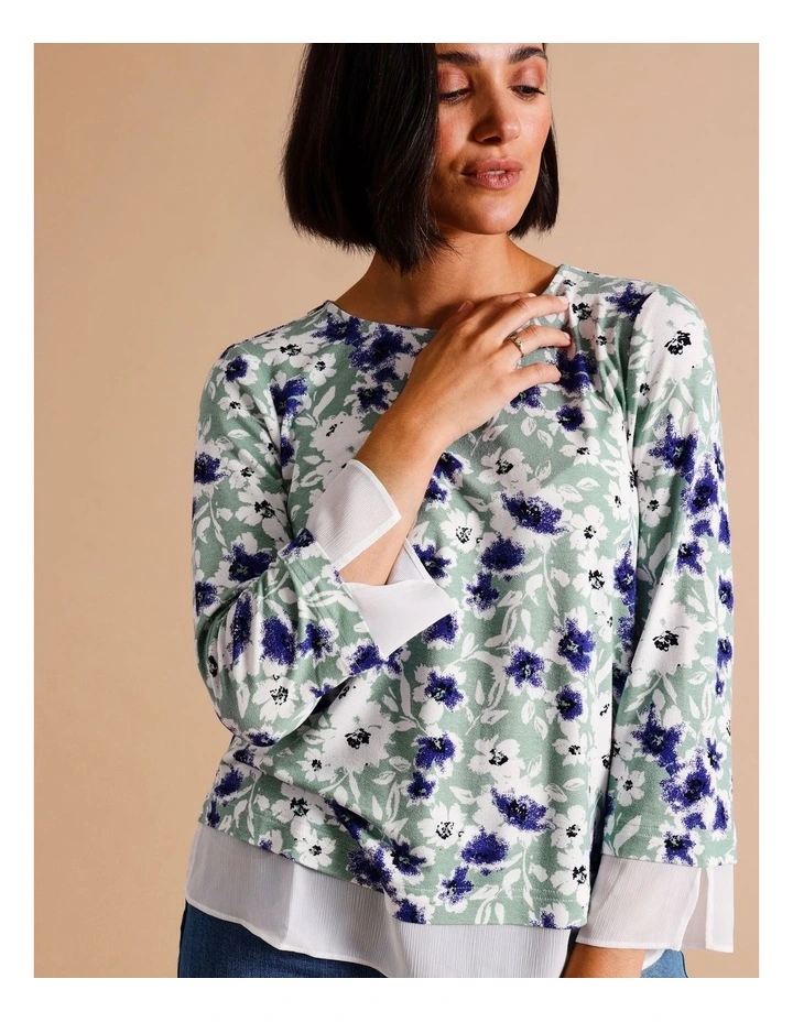 Viscose Blend Sheer Trim 3/4 Sleeve Tee - Duckegg Blue/Green Print image 5