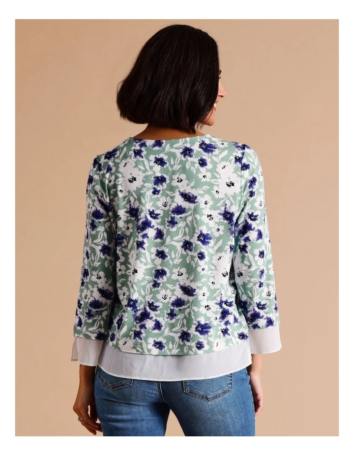 Viscose Blend Sheer Trim 3/4 Sleeve Tee - Duckegg Blue/Green Print image 6