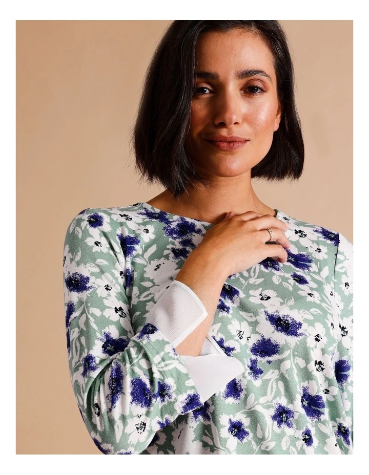 Viscose Blend Sheer Trim 3/4 Sleeve Tee - Duckegg Blue/Green Print image 7