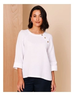 Organic Cotton Blend 3/4 Raglan Sleeve With Woven Front Knit Back In White Mini Circle Print