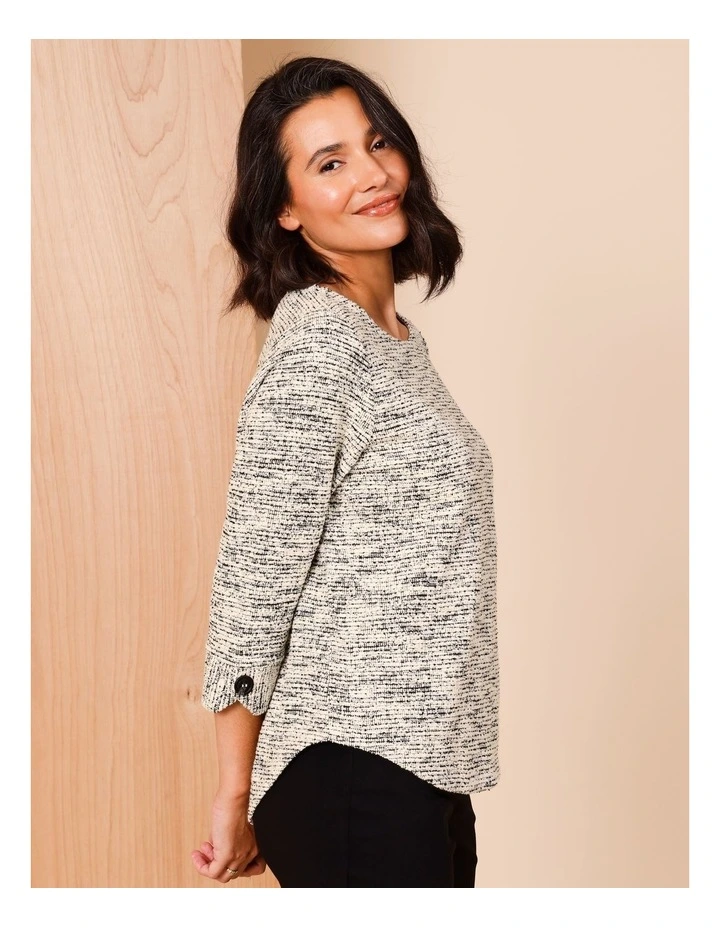 Recycled Polyester Blend 3/4 Sleeve Tee With Button Cuff In Black Ivory Texture image 1