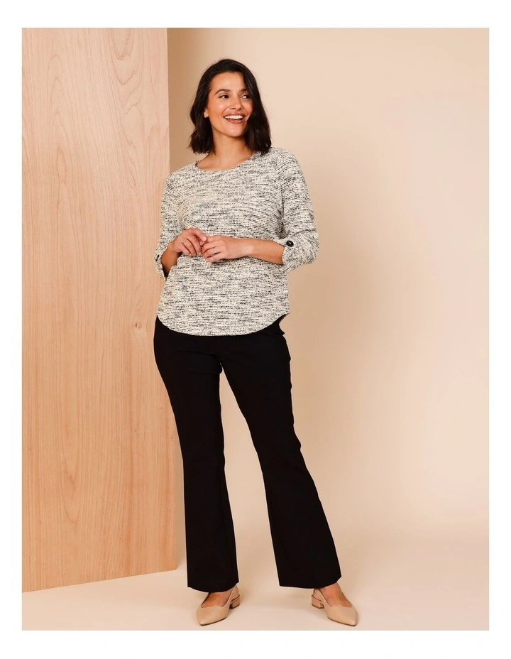 Recycled Polyester Blend 3/4 Sleeve Tee With Button Cuff In Black Ivory Texture image 2