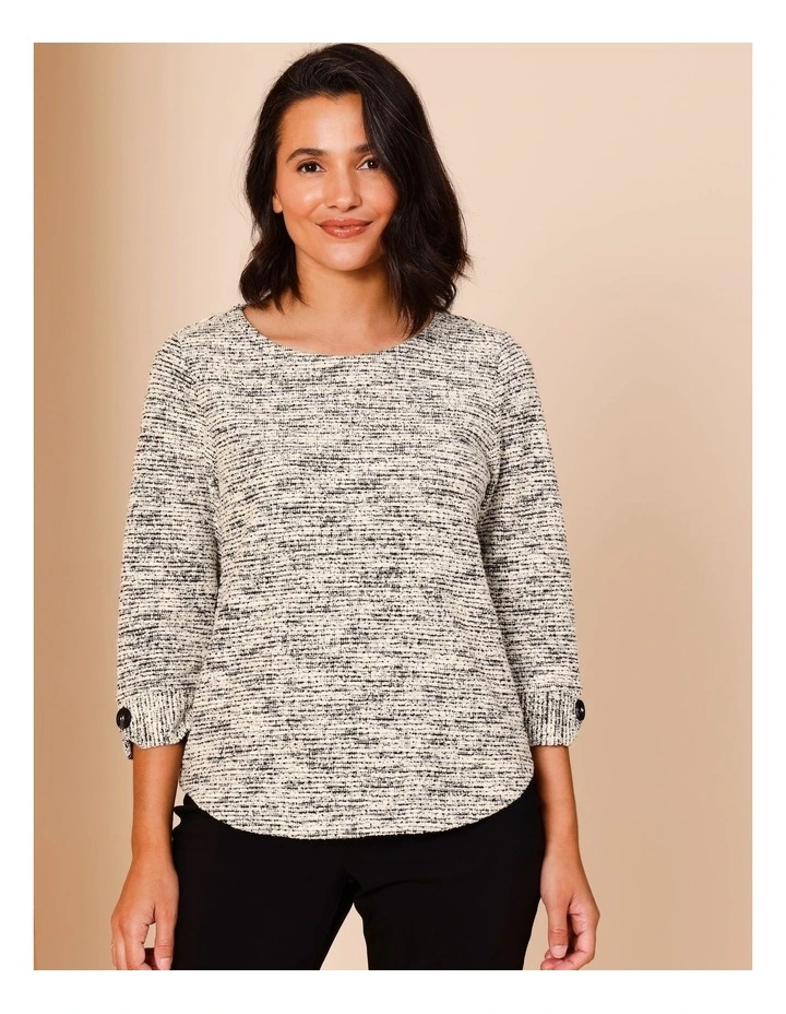 Recycled Polyester Blend 3/4 Sleeve Tee With Button Cuff In Black Ivory Texture image 3