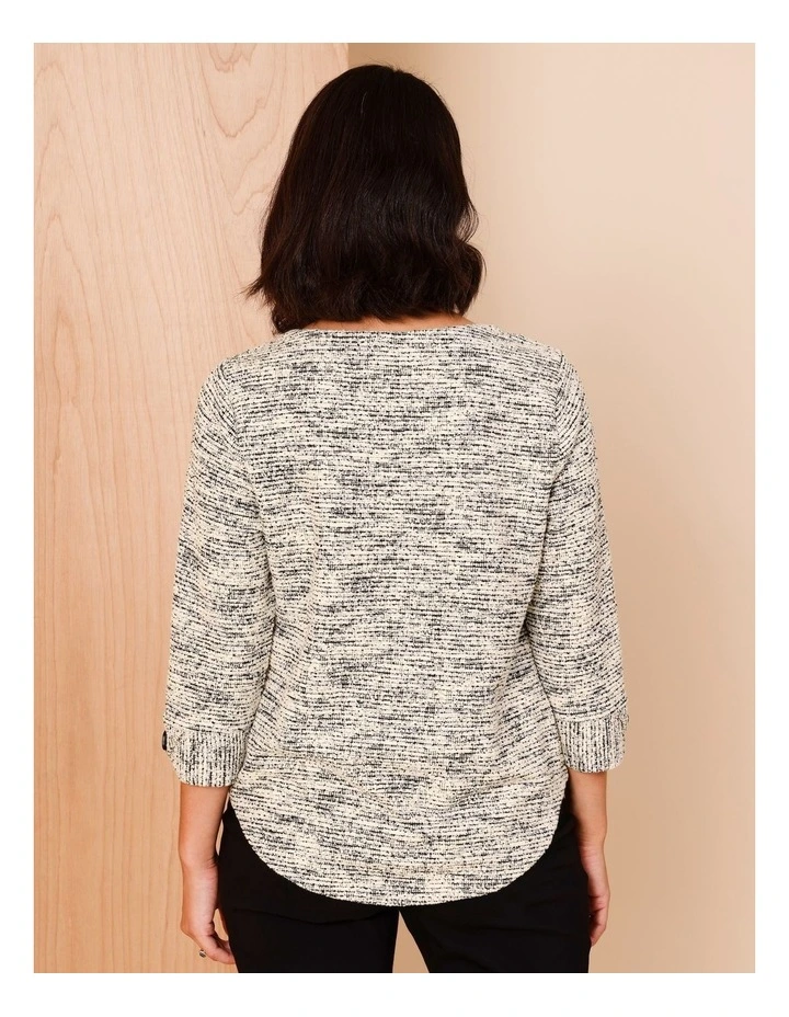 Recycled Polyester Blend 3/4 Sleeve Tee With Button Cuff In Black Ivory Texture image 5