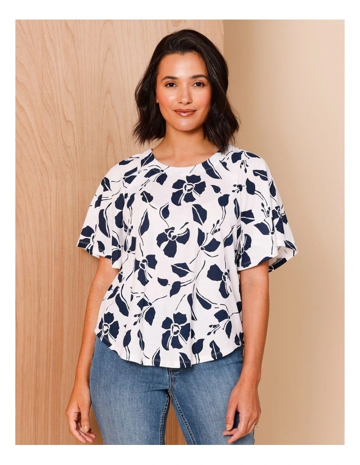 Sustainable Viscose Blend Short Flutter Sleeve Tee With Curved Hem In White/navy Graphic Print image 1