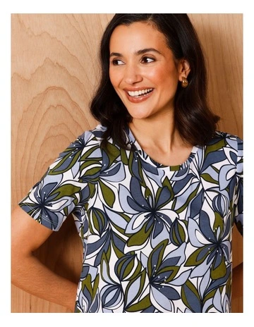Wardrobe Staple Short Sleeve Tee In Blue/Green Tiger Lily Print