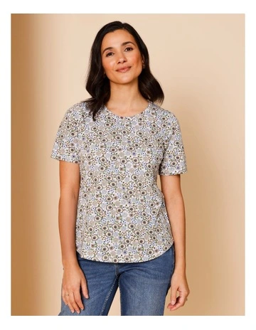 Wardrobe Staple Short Sleeve Tee in Blue/Green/Stone Gypsophilia Print