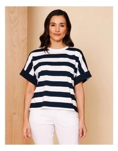Extended Sleeve Tee With Solid Cuff In Navy/White Stripe