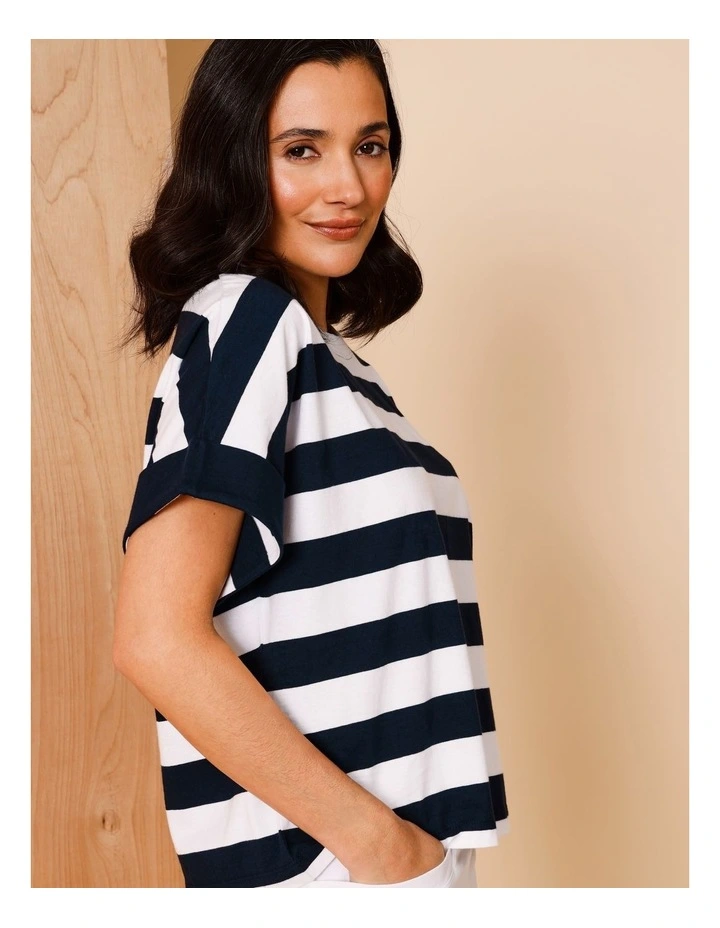 Extended Sleeve Tee With Solid Cuff In Navy/White Stripe image 2