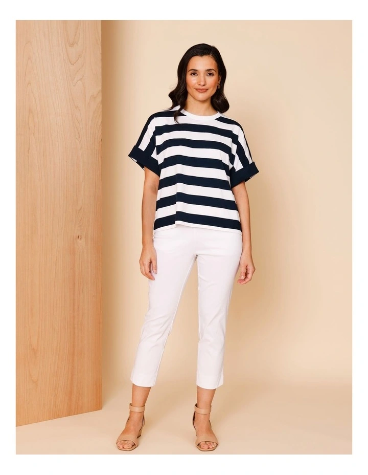 Extended Sleeve Tee With Solid Cuff In Navy/White Stripe image 3