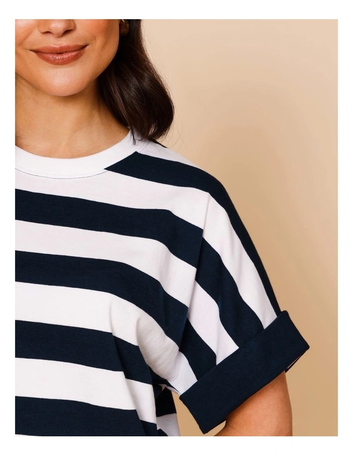 Extended Sleeve Tee With Solid Cuff In Navy/White Stripe image 4