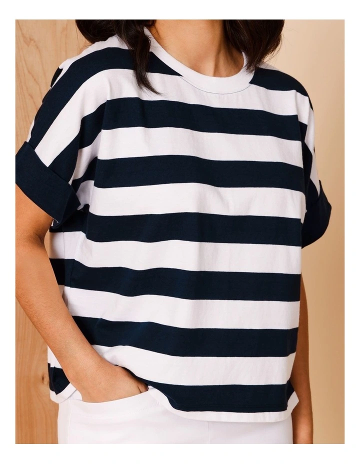 Extended Sleeve Tee With Solid Cuff In Navy/White Stripe image 5