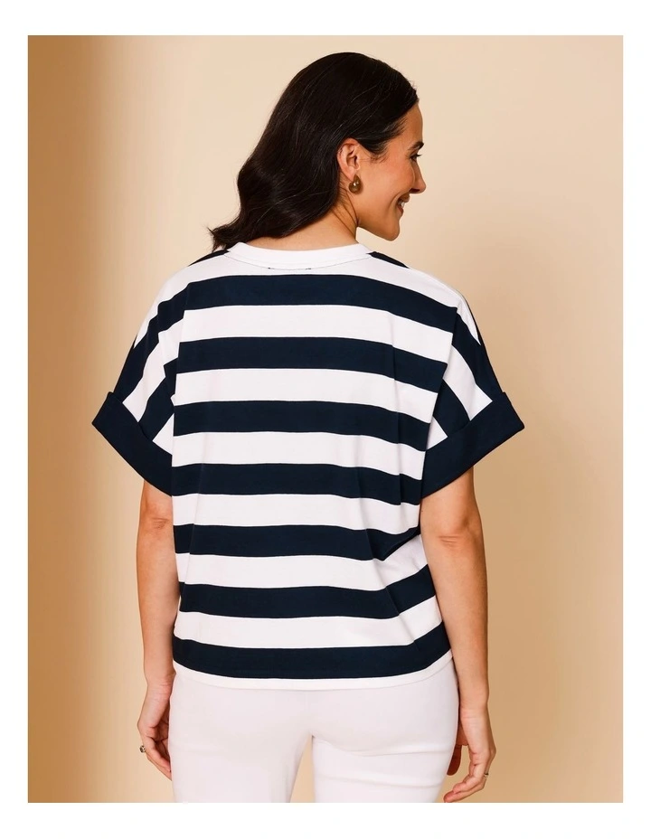 Extended Sleeve Tee With Solid Cuff In Navy/White Stripe image 6