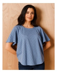 Raglan Sleeve Pointelle Tee In Denim Blue