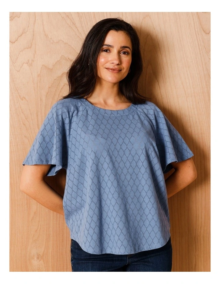 Raglan Sleeve Pointelle Tee In Denim Blue image 1