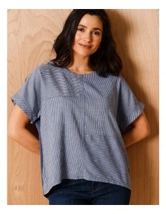 Extended Short Sleeve Spliced Woven Front Tee With Knit Back in Denim/White Fine Stripe