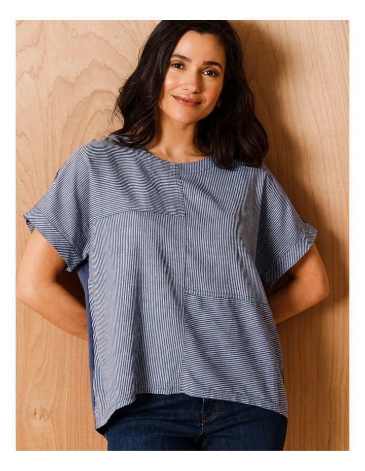 Extended Short Sleeve Spliced Woven Front Tee With Knit Back in Denim/White Fine Stripe image 1