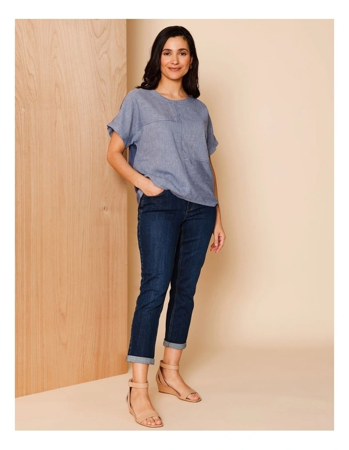 Extended Short Sleeve Spliced Woven Front Tee With Knit Back in Denim/White Fine Stripe image 2