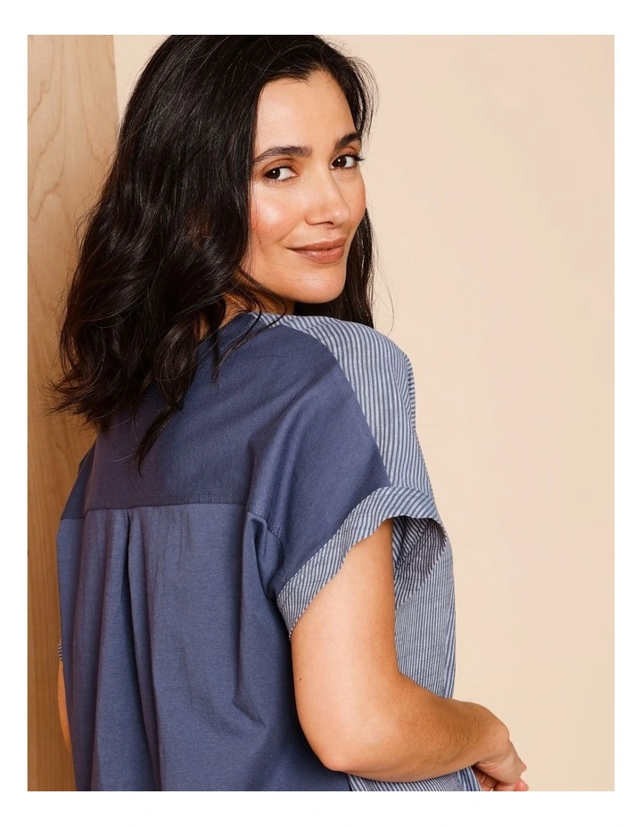 Extended Short Sleeve Spliced Woven Front Tee With Knit Back in Denim/White Fine Stripe image 3