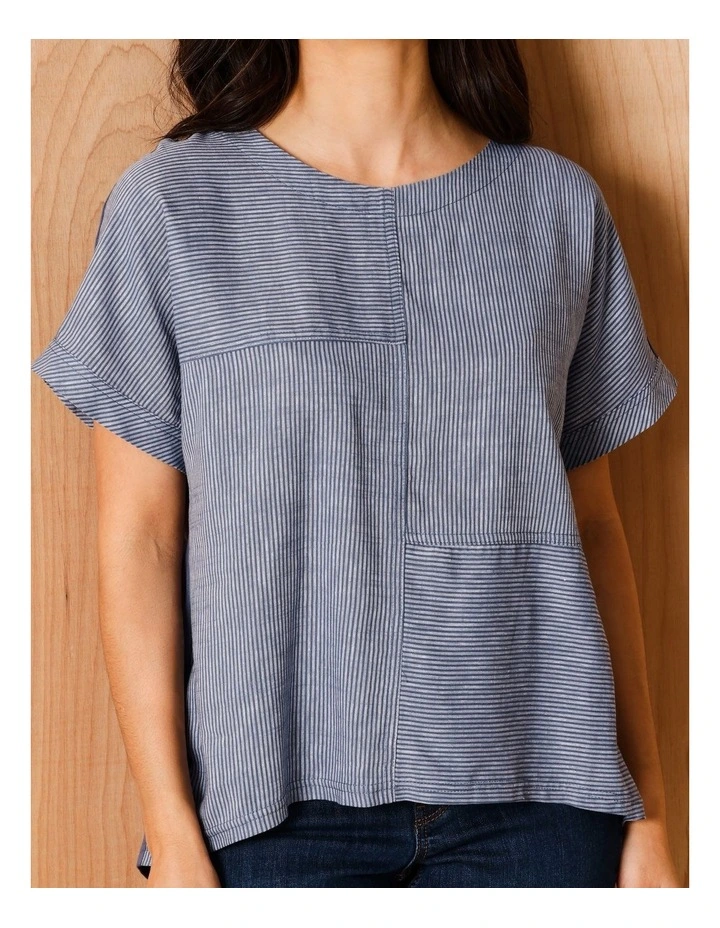Extended Short Sleeve Spliced Woven Front Tee With Knit Back in Denim/White Fine Stripe image 4