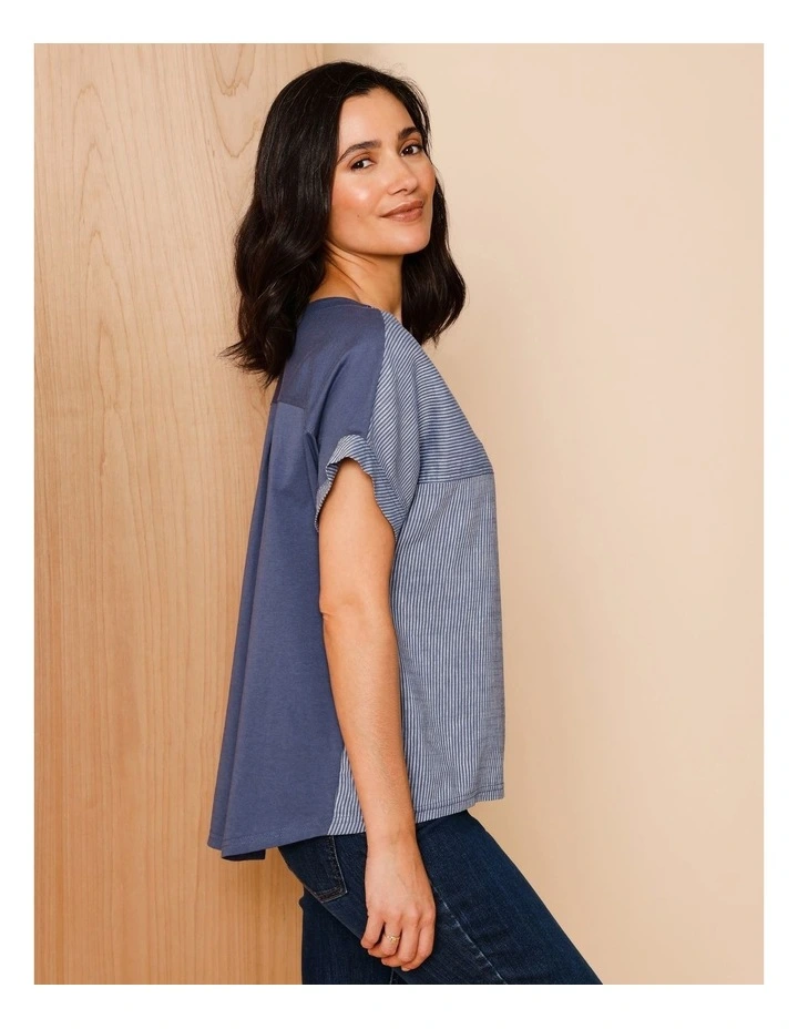 Extended Short Sleeve Spliced Woven Front Tee With Knit Back in Denim/White Fine Stripe image 5