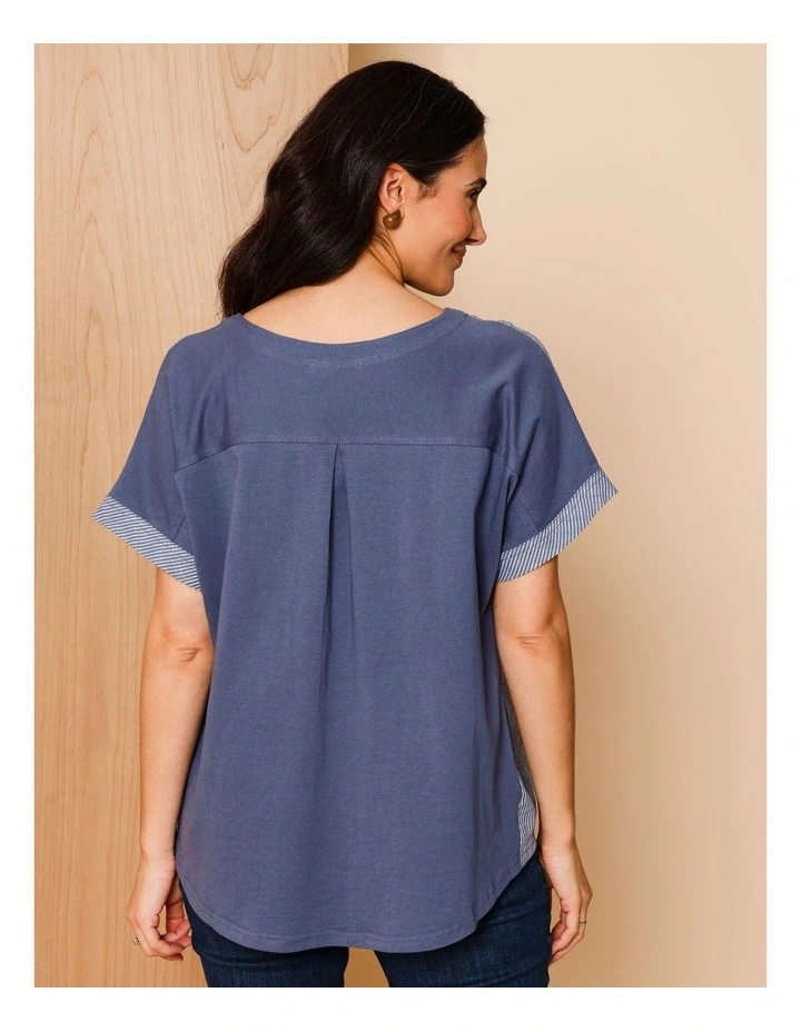 Extended Short Sleeve Spliced Woven Front Tee With Knit Back in Denim/White Fine Stripe image 6