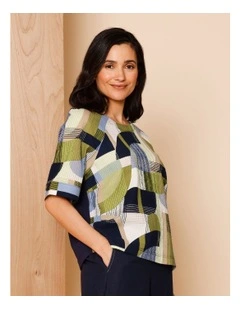 Raglan Short Sleeve Woven Front Tee With Knit Back In Navy/ Avocado/ White Geo Print