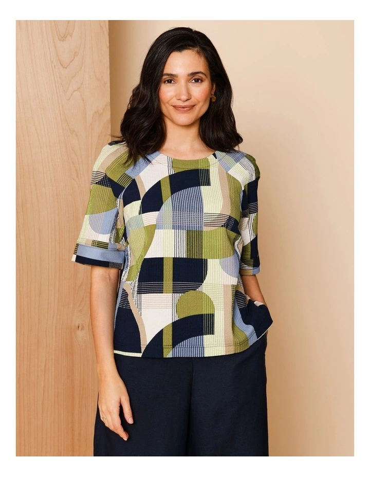 Raglan Short Sleeve Woven Front Tee With Knit Back In Navy/ Avocado/ White Geo Print image 3