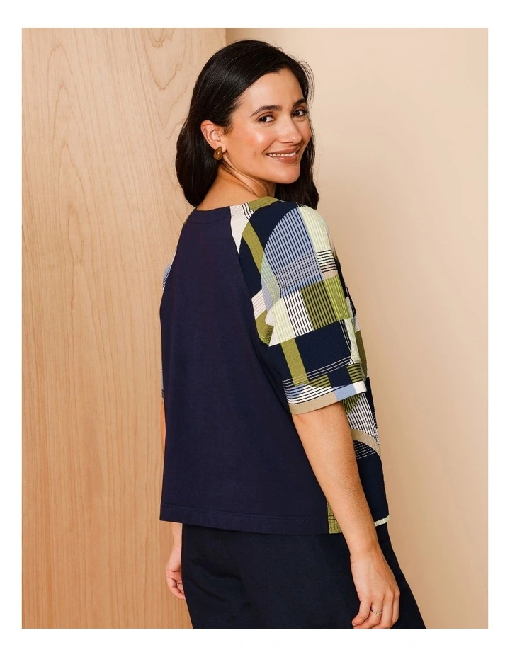 Raglan Short Sleeve Woven Front Tee With Knit Back In Navy/ Avocado/ White Geo Print image 5