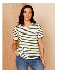 Wardrobe Staple Short Sleeve Tee In White/green Stripe