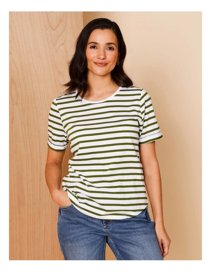 Wardrobe Staple Short Sleeve Tee In White/green Stripe image 1
