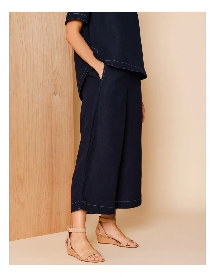 Wide Leg Crop Linen Blend Pant in Navy With Contrast Top Stitch image 1