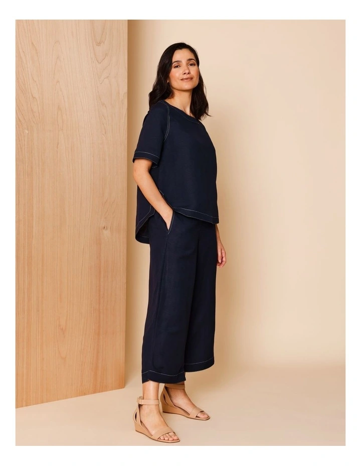 Wide Leg Crop Linen Blend Pant in Navy With Contrast Top Stitch image 2