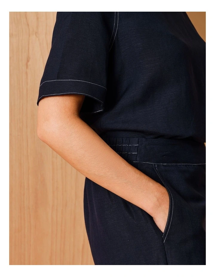Wide Leg Crop Linen Blend Pant in Navy With Contrast Top Stitch image 3