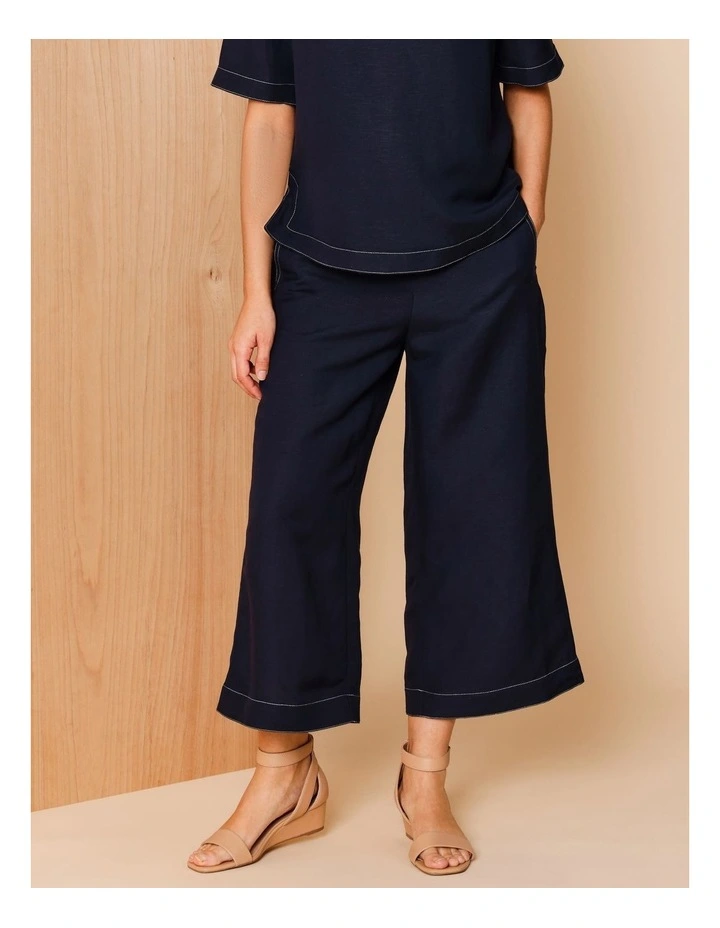 Wide Leg Crop Linen Blend Pant in Navy With Contrast Top Stitch image 4