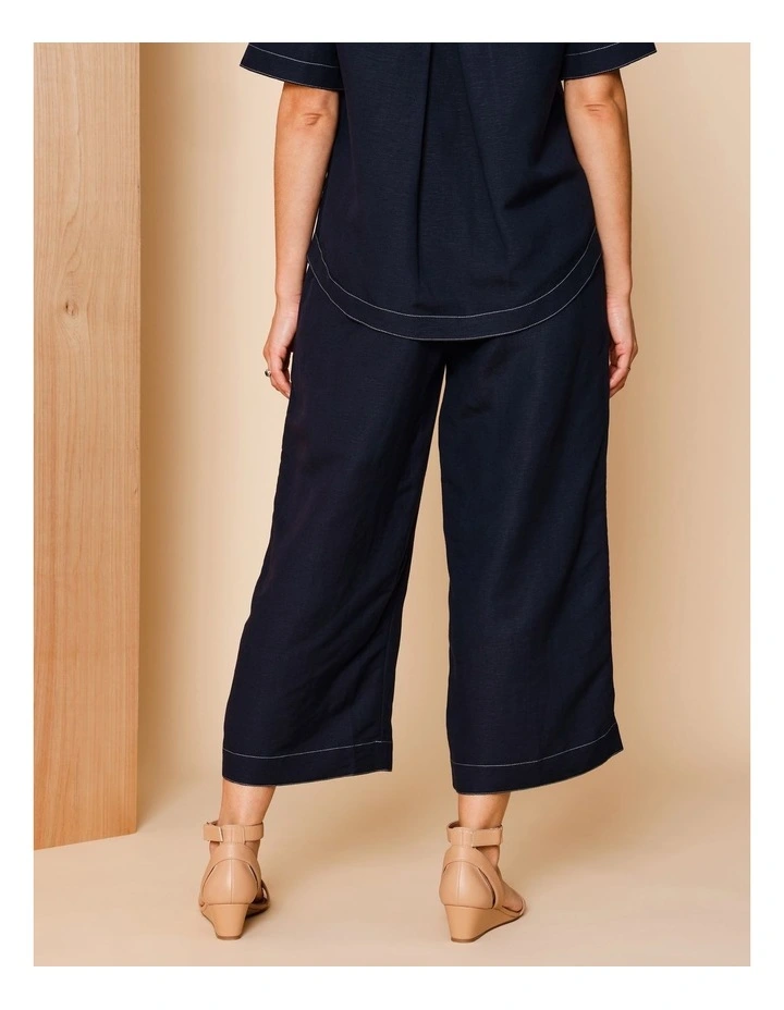 Wide Leg Crop Linen Blend Pant in Navy With Contrast Top Stitch image 5