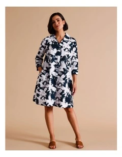Organic Cotton 3/4 Sleeve Trapeze Dress In Navy/White Floral Print