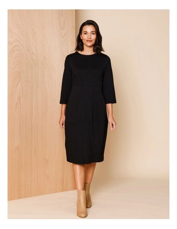 Spliced Knit Dress With 3/4 Sleeve Tee in Black/White Pinstripe