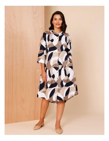 Stand Collar Button Front 3/4 Sleeve Dress in Navy/Neutral/Stone Abstract