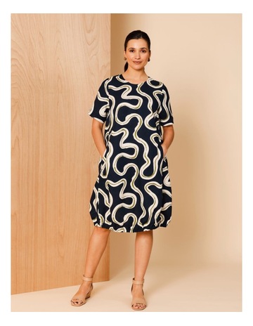 European Linen Blend Short Sleeve Dress With Elasticated Hem in Navy/Stone/Green Swirl