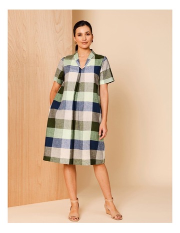 European Linen Blend Short Sleeve Dress With Shawl Collar in Navy/Stone/Greens Check