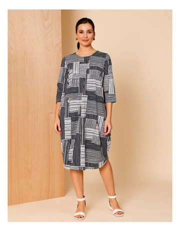 Organic Cotton 3/4 Sleeve Asymmetric Dress With Side Pockets in Blues/White Line Print