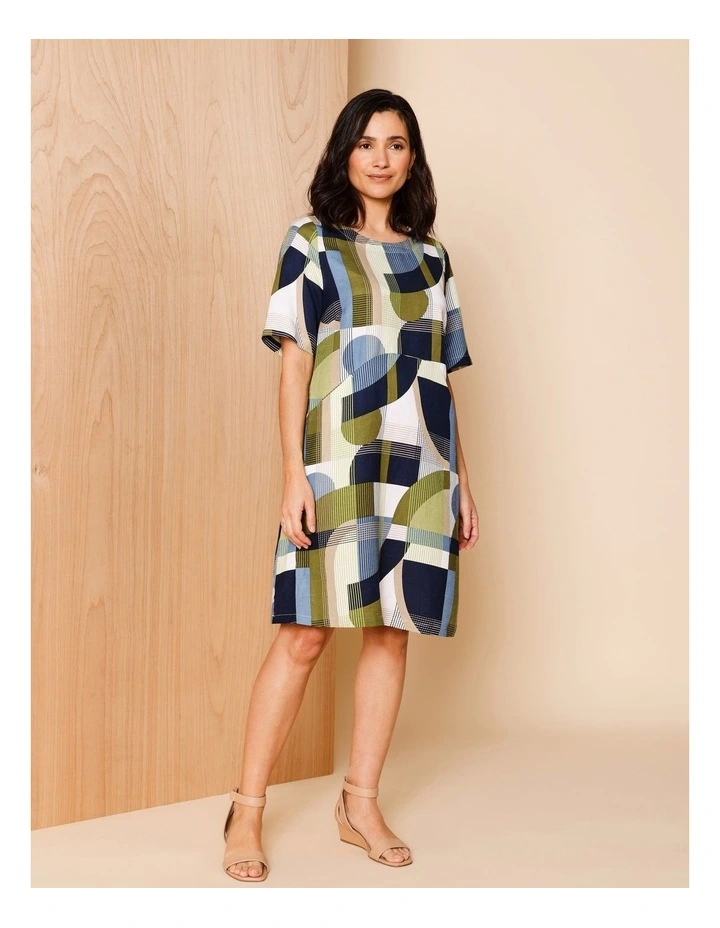 Short Sleeve Dress With Curved Waist And Pockets in Navy/ Ivory/ Avocado Geo image 1